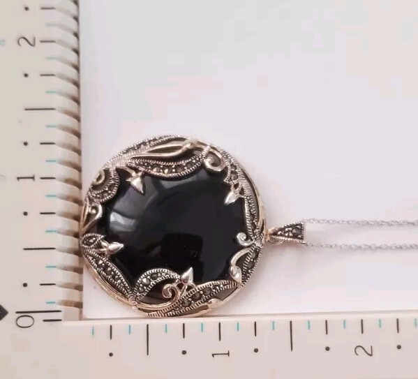 Vintage Retro Sterling Silver Pendant Necklace Round Onyx Marcasite