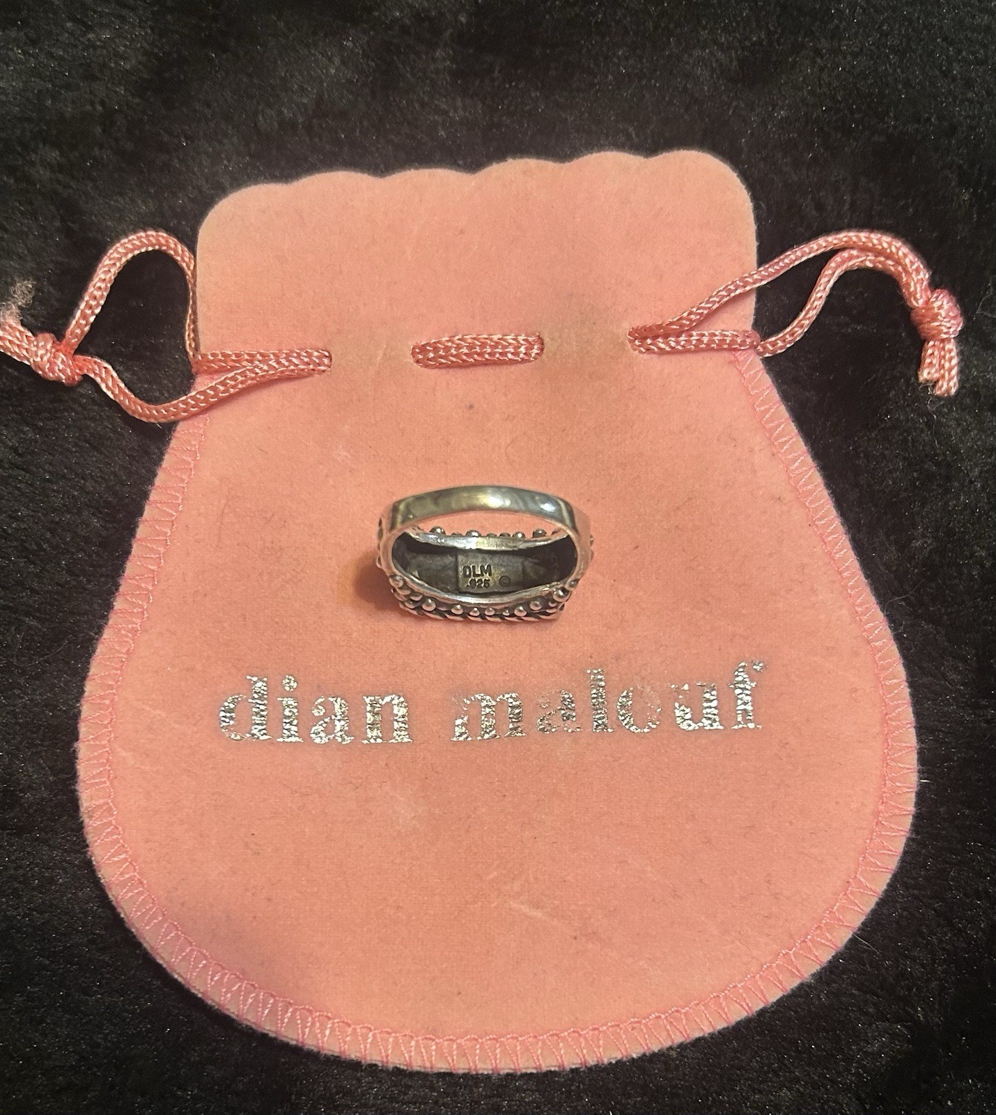 Vintage Dian Malouf “SISTER” Sterling Silver Ring Sz 10 With Original Pouch Bag