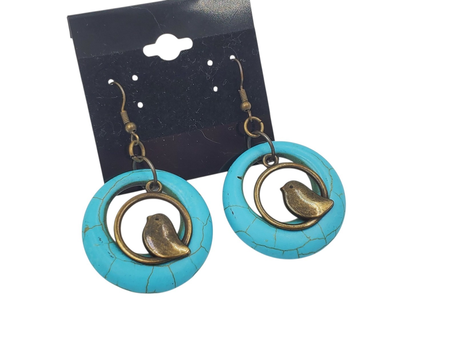 Vintage Brass and Blue Dyed Howlite Circles Dangle Bird Hook Pierced Earrings