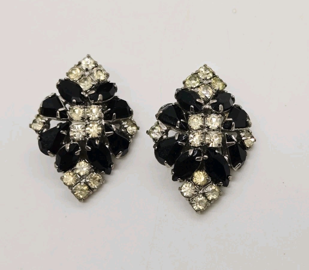 Art Deco Clip on Earrings Lot Set of 2 Black with White Crystal Silver Tone Vtg