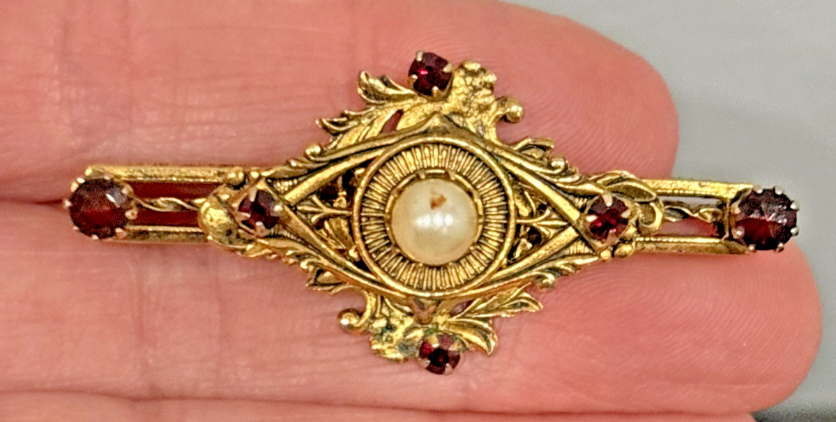 Original By Robert Pin Brooch w/ Faux Pearls Faux Garnet / Ruby Prong Set 2″