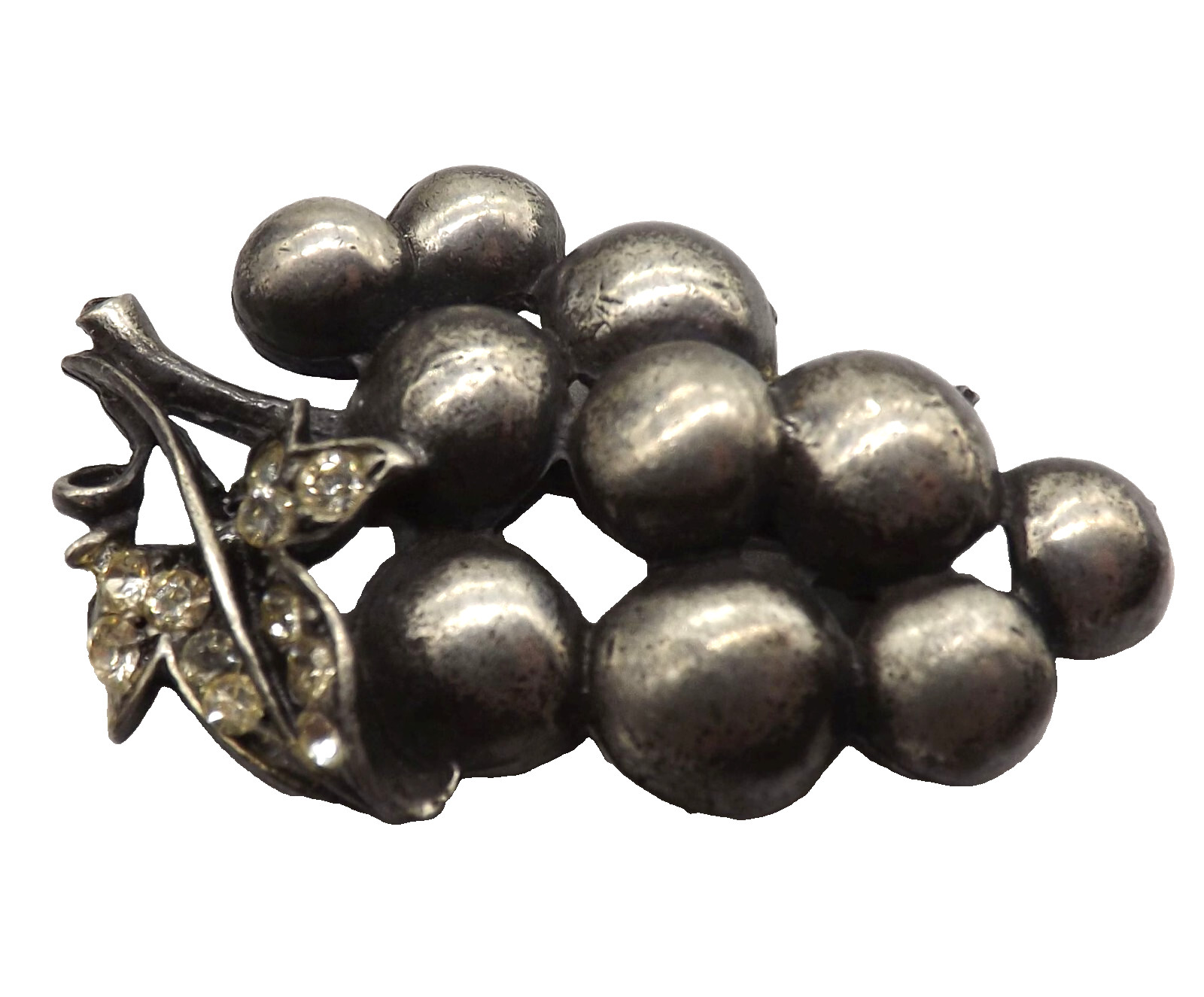 Grapes Brooch Pin Jewelry Leaves Crystals Vintage Pewter Silver Tone Metal