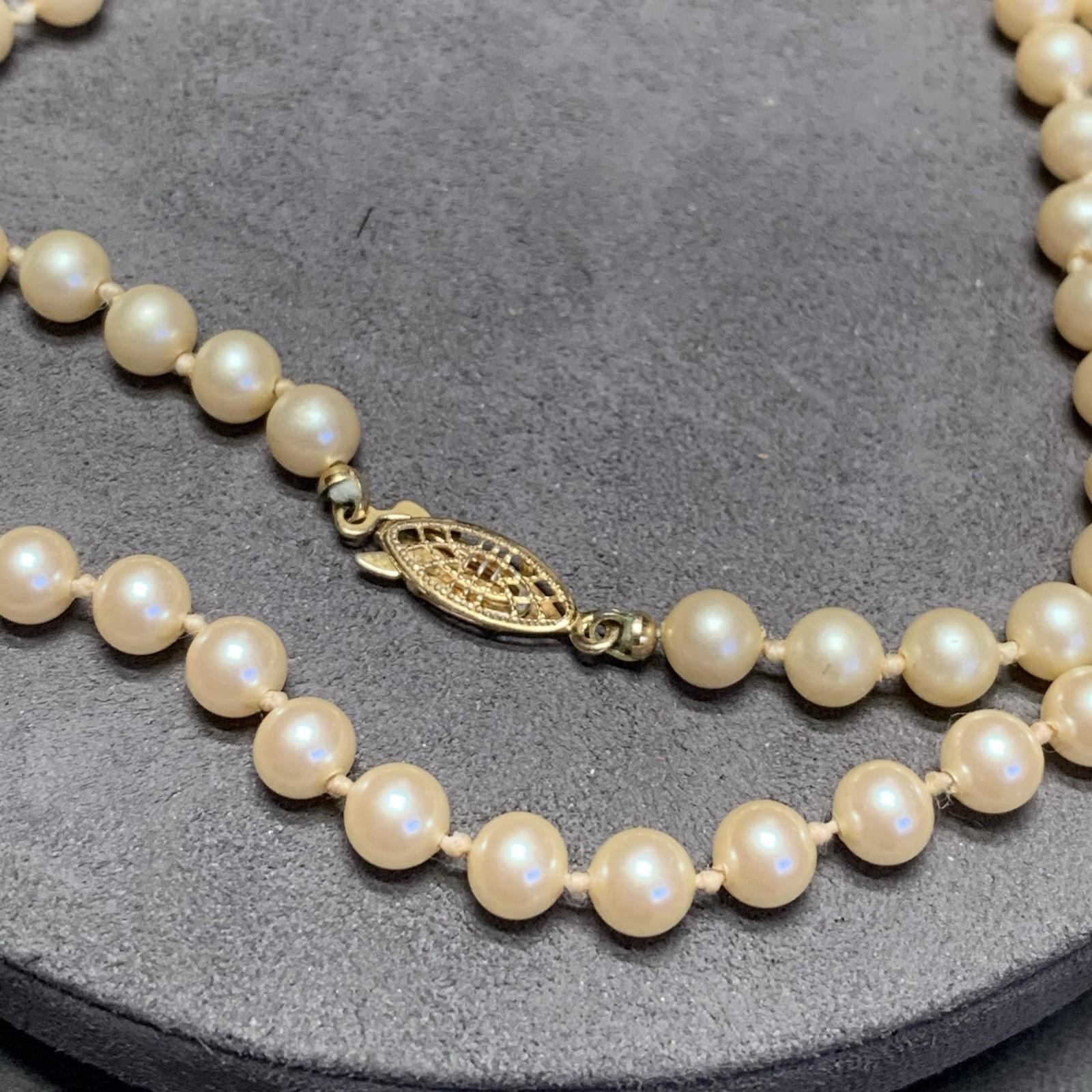 Vintage Hand Strung Faux Pearl Necklace 24”, Gold Tone Fish Hook Clasp Japan