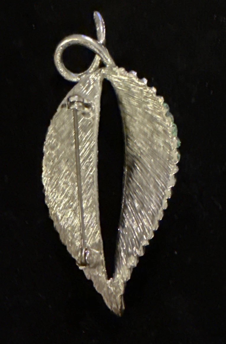 Vintage Silver Tone Leaf Brooch Pin Brushed Textured Swirl Stem 3” Nature