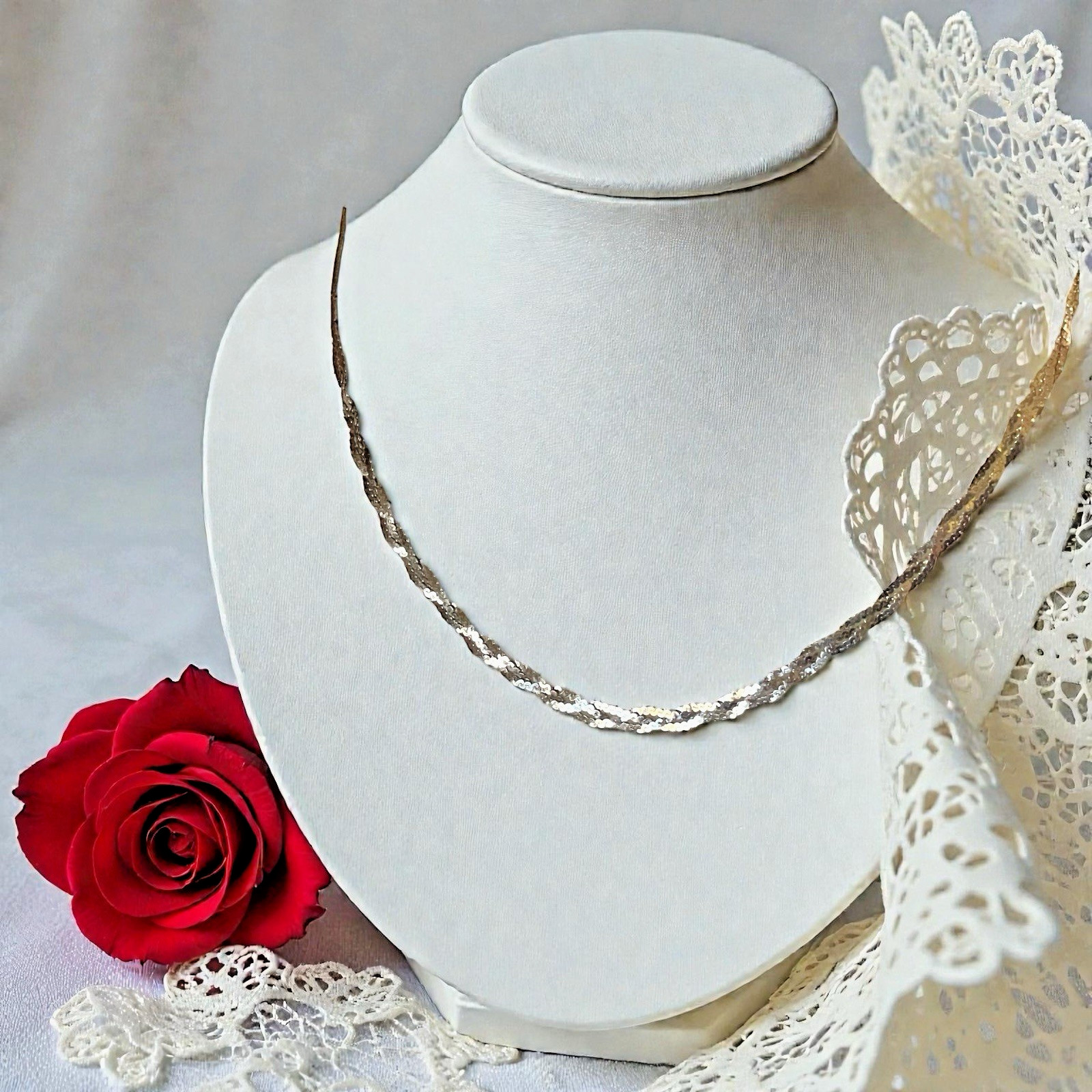 Vintage Italian 925 Sterling Silver Diamond-Flat Braided Chain Necklace, 16″