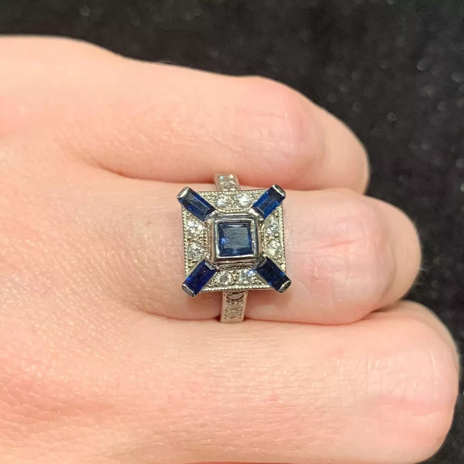 1.24Ctw Blue & White Stones Bezel Set Engagement Wedding Retro Reproduction Ring