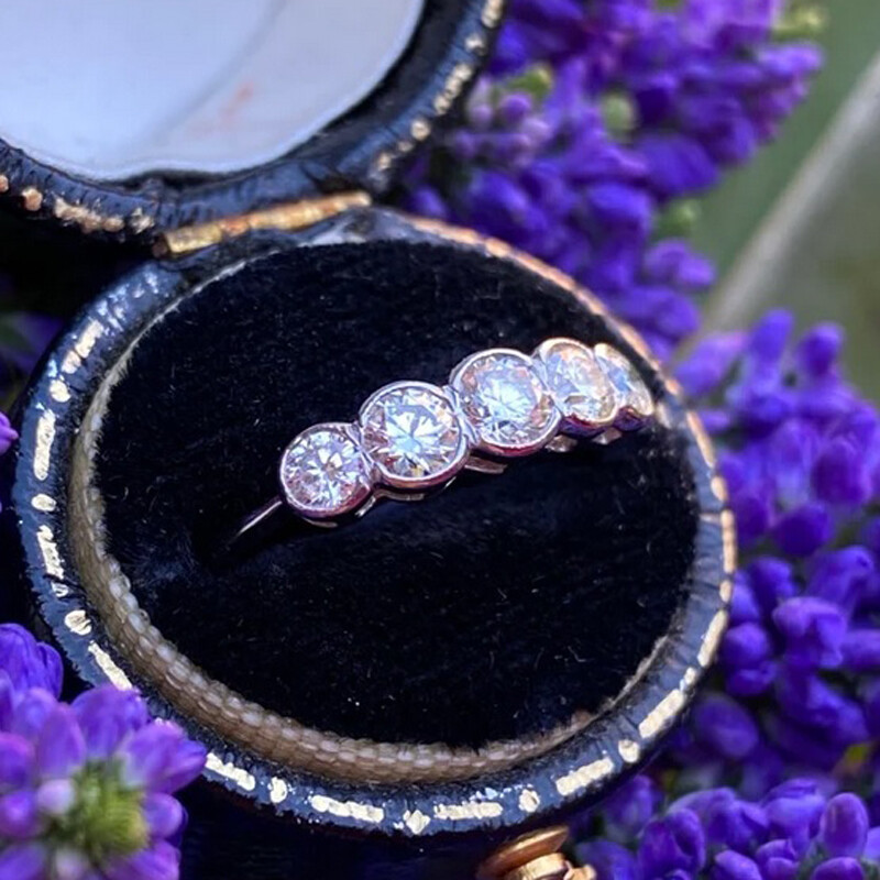 1 Ctw White Round Five Stone Simulated Diamond Art Deco Rubover 925 Silver Ring