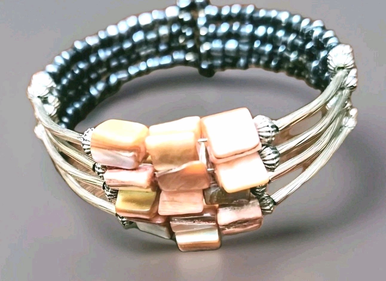 Stacked Shell Beach Bracelet Wire Wrap Abalone Natural Stones Mother of Pearl