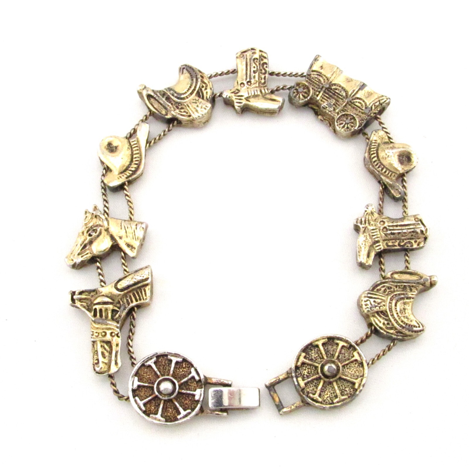 Vintage Western Horse Saddle Boot Equestrian Slide Charm Bracelet Gold Tone