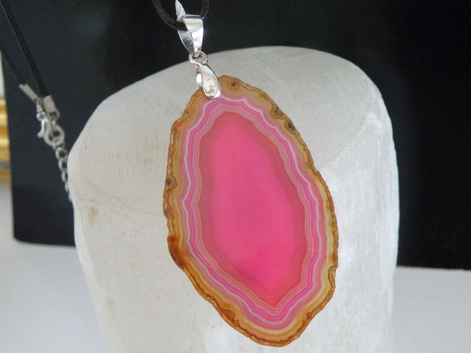 Huge Sterling Silver 925 Pink Geode Crystal Slab Vintage Pendant Necklace