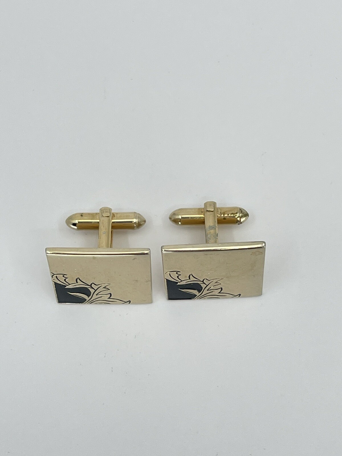 Vintage Swank square mens cufflinks raised etched leaf motif with black enamel