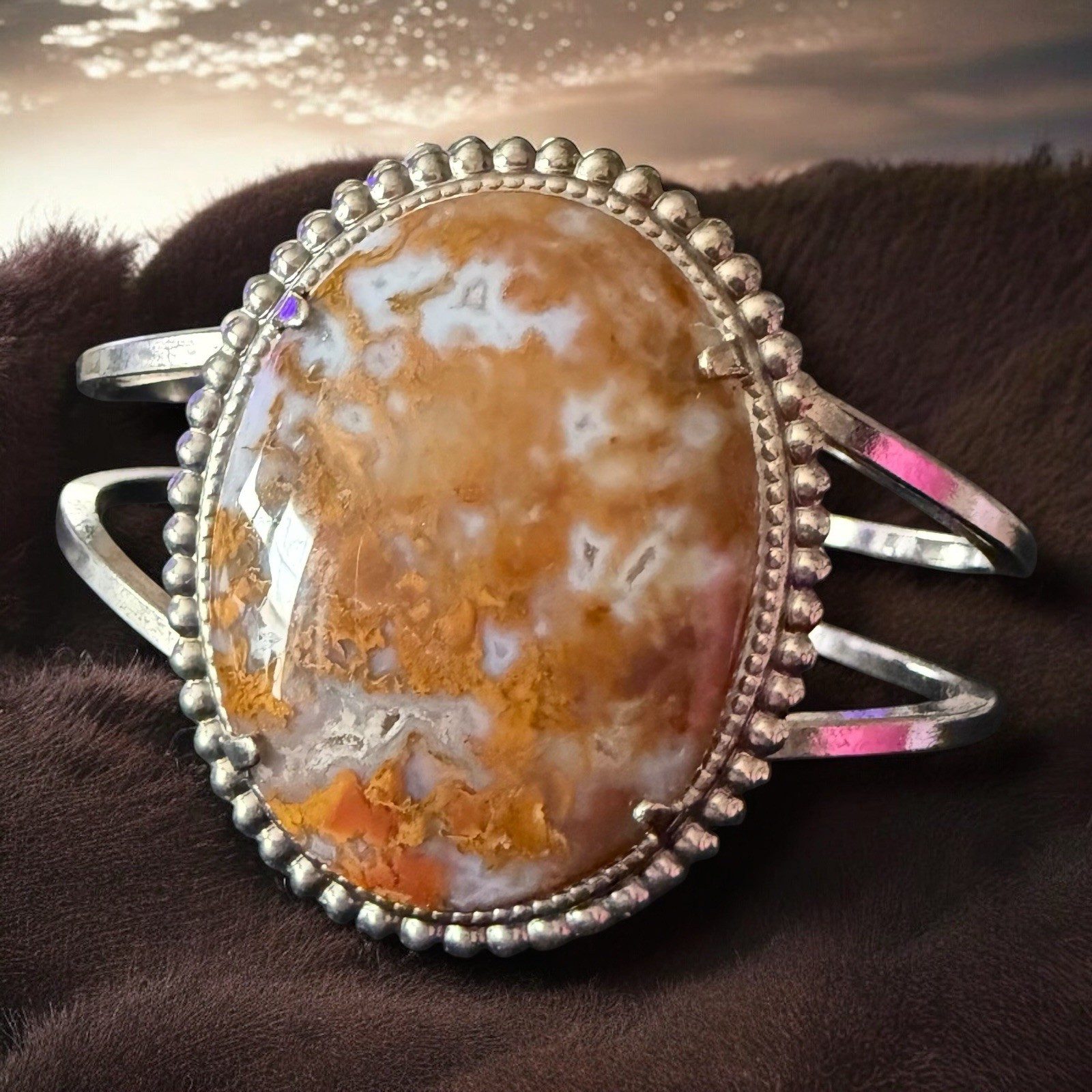 Silver Tone Agate Cuff Bracelet Vintage Blaze Orange Stone Small Wrist 5 Inches
