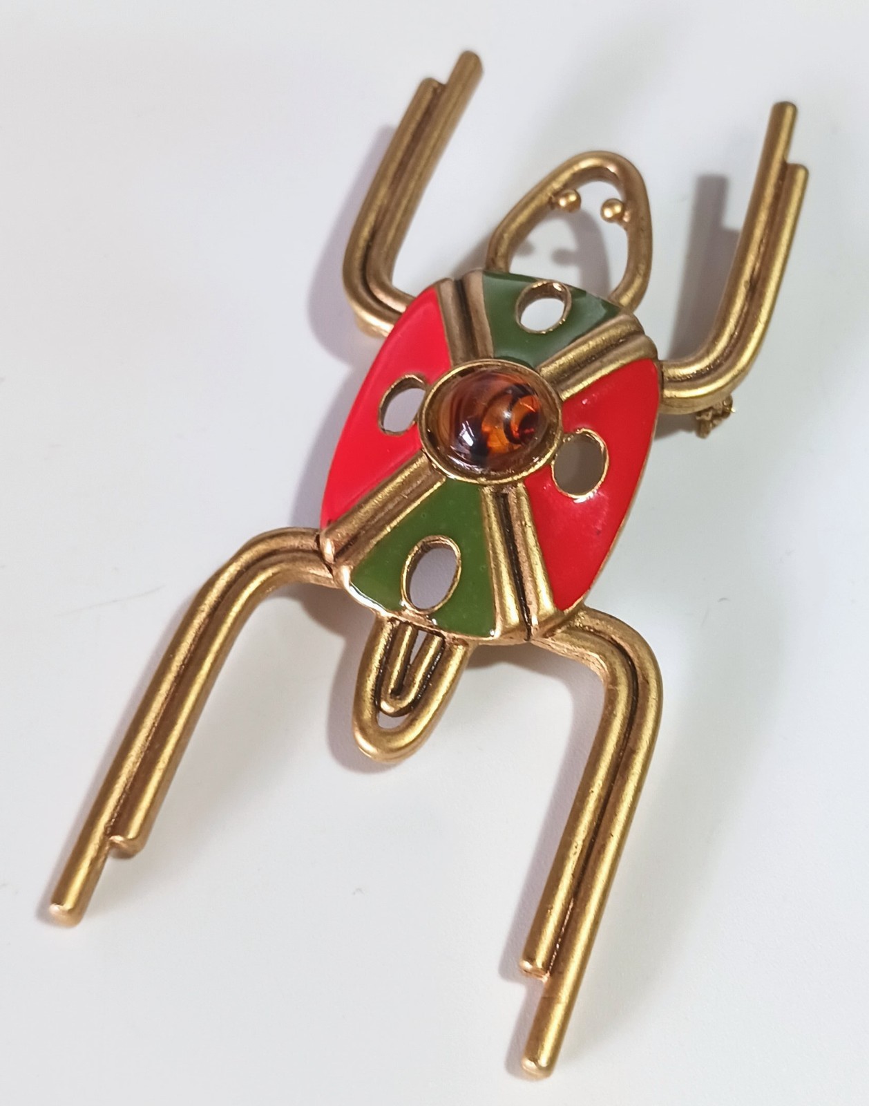 Vintage Gold-tone Insect Bug Brooch w/ Enamel Body & Translucent Cabochon