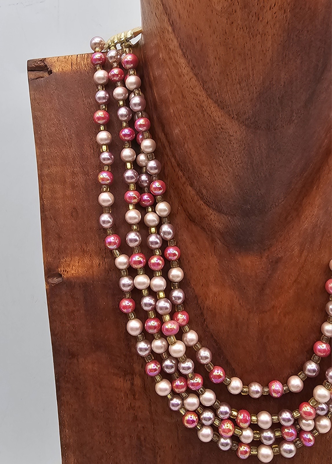Vintage Multi-Strand Faux Pearl Necklace ~ Pinks & Purples Three Strand Japan