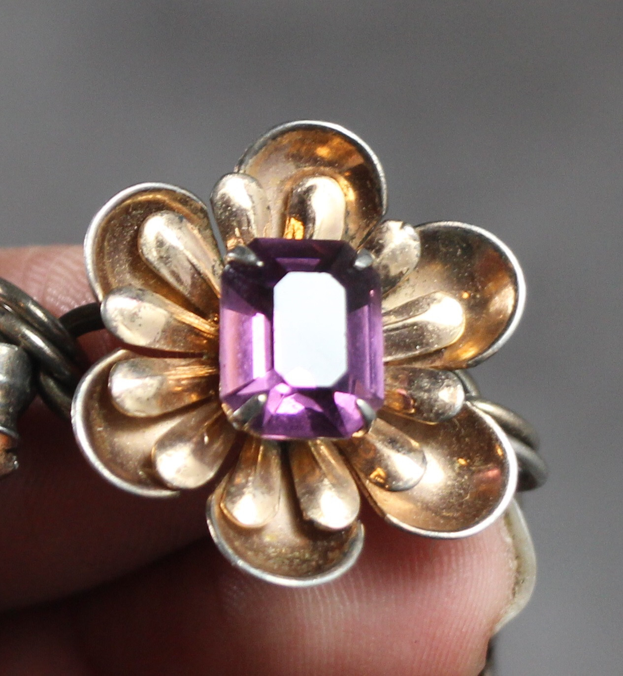 Vintage 1930s Bracelet Gold Wash Sterling Silver Flowers w Faceted Purple Stones