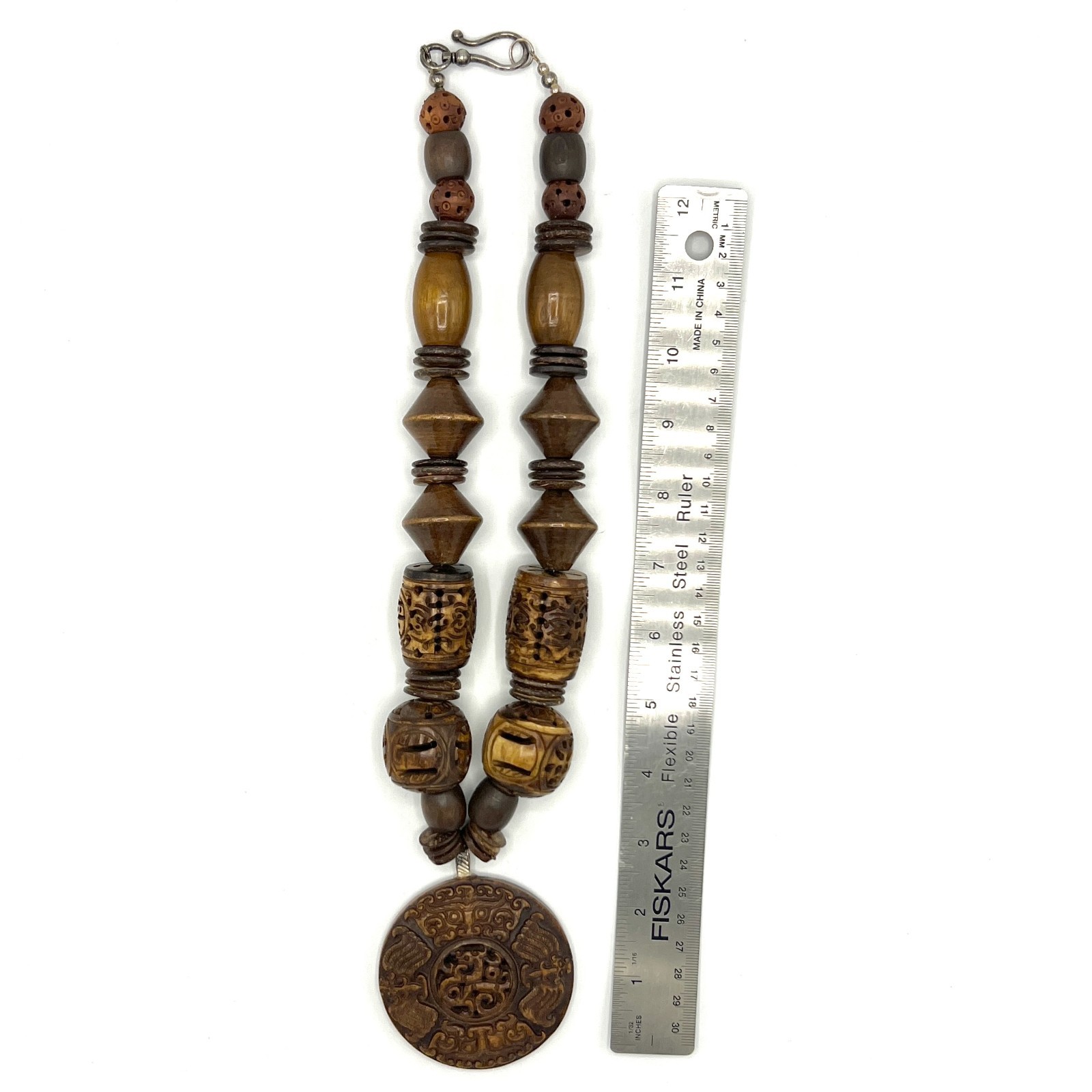 Chunky Vtg Artisan Carved Wood Bead Necklace-Asian Style Ceramic Medal Pendant