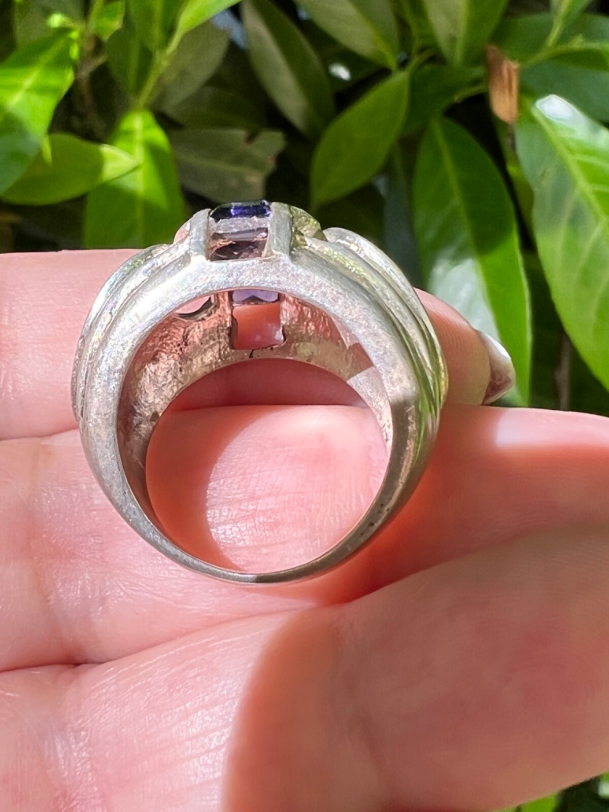 VINTAGE TANZANITE & IOLITE WIDE BAND RING 925 STERLING SLVER UNIQUE HEAVY CHUNKY