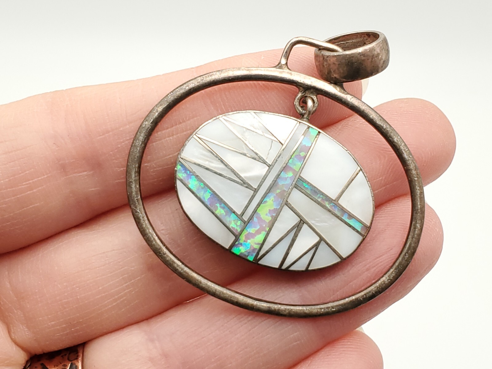 Vintage Navajo Mother of pearl Opal Inlay Native American Pendant for Necklace