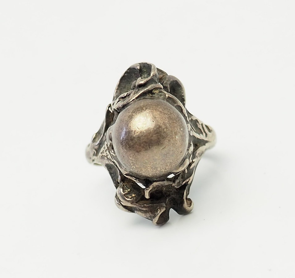 Antique Jens Petersen Denmark sterling silver poppy flower Orb ring sz 6.25