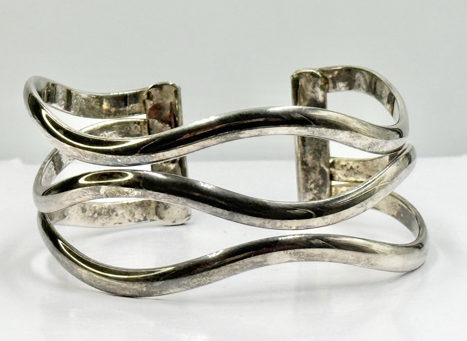 Vintage Bracelet Silver Plated Waves Adjustable Wide Sz 6.75 Tested