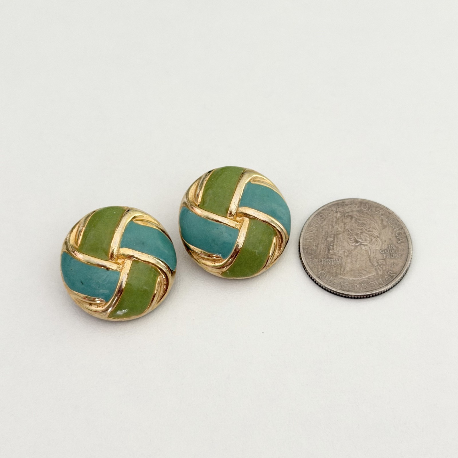 Vintage Gay Boyer Signed Green Blue Enamel Round Twist Clip On Earrings