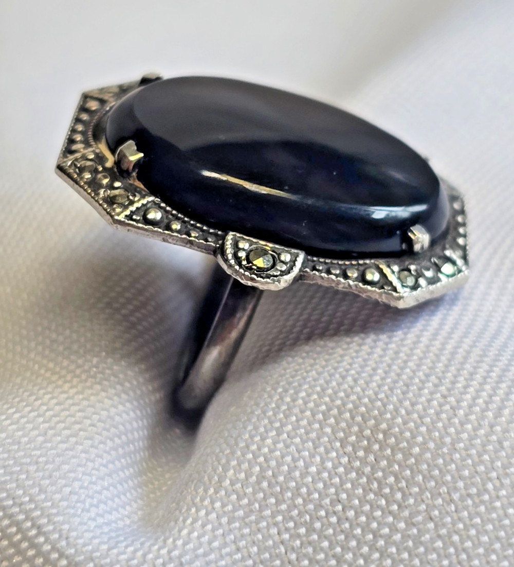Vtg Sterling Silver Ring 7.49g Fine Jewelry Size 4.25 Band Onyx Look *READ*