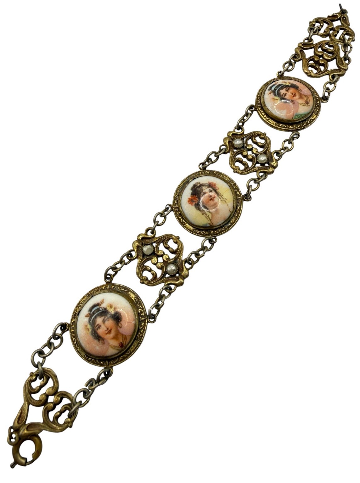 Antique Art Nouveau Austro Hungarian Lady Portrait Porcelain Bracelet Brass