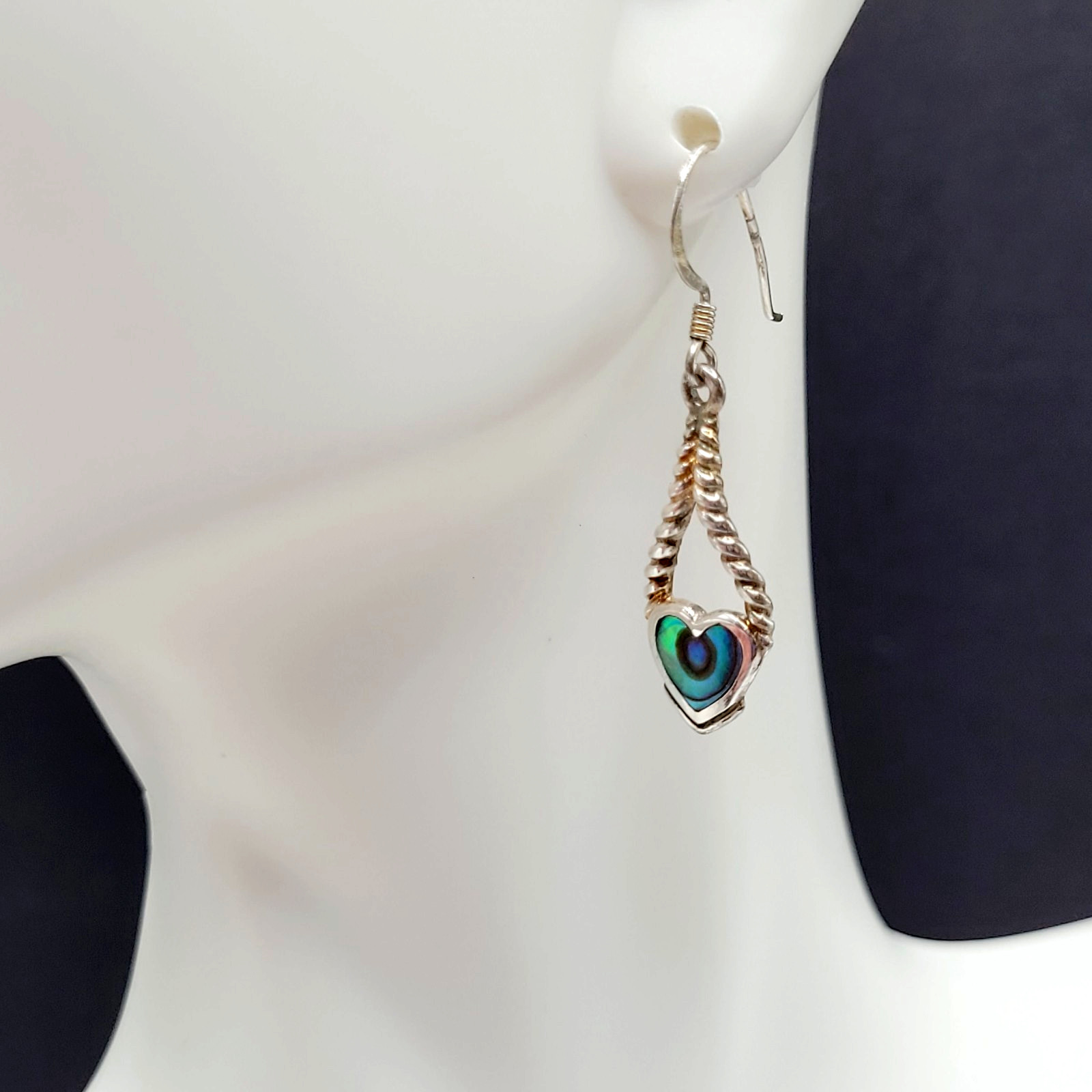 Heart Twisted Open Metal Paua Shell Inlay Sterling 925 MC Hook Pierced Earrings