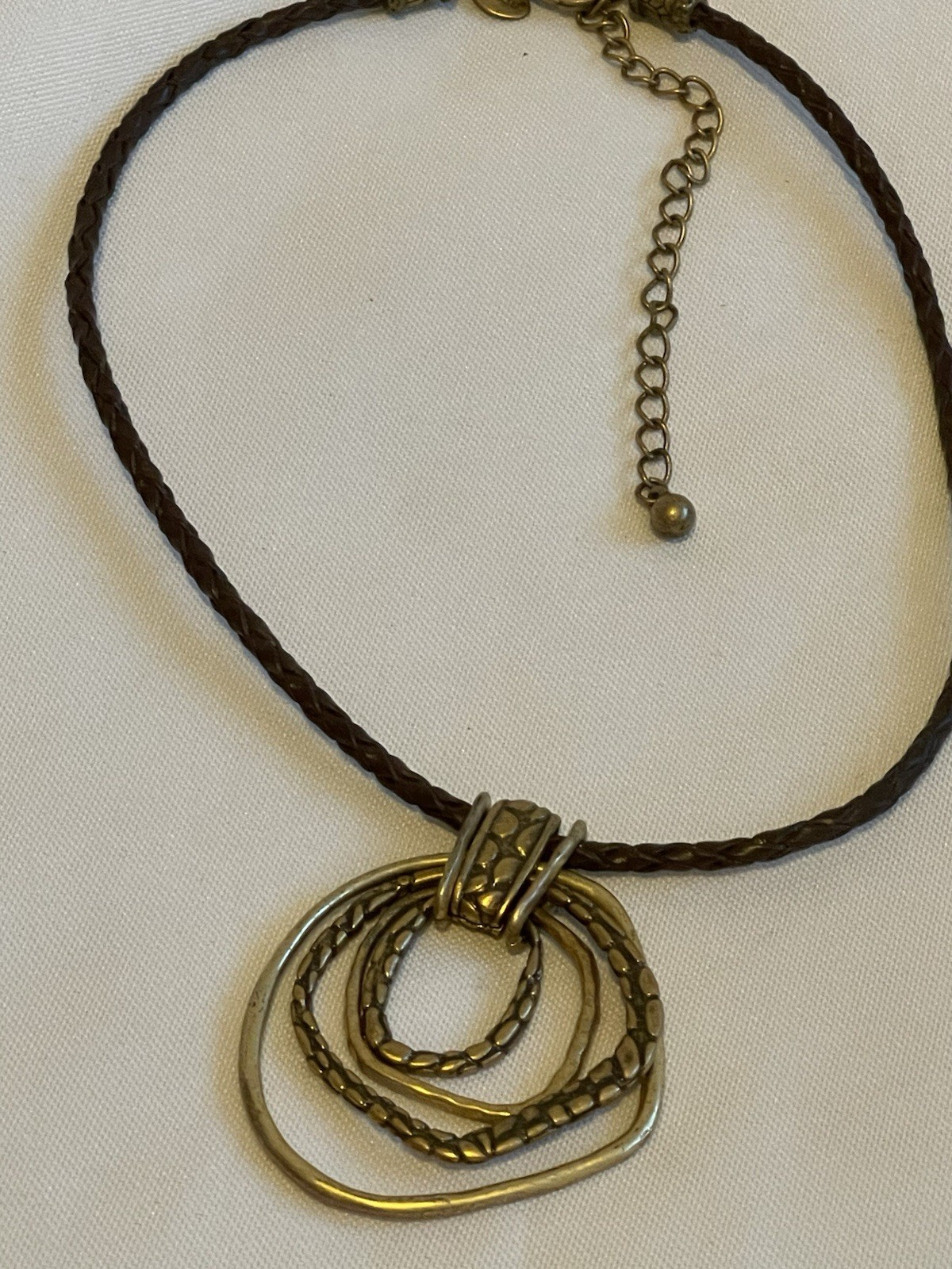 Vintage Chicos Multi Ring Patterned Bale Necklace Braided Leather Cord Black 18”
