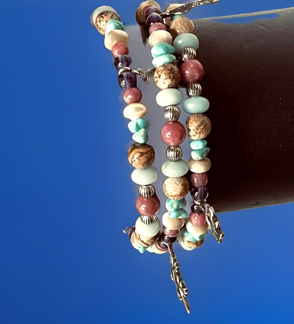 Vtg South Western Genuine Stone Bead Bracelet 6 Sterling Silver Indian Charms