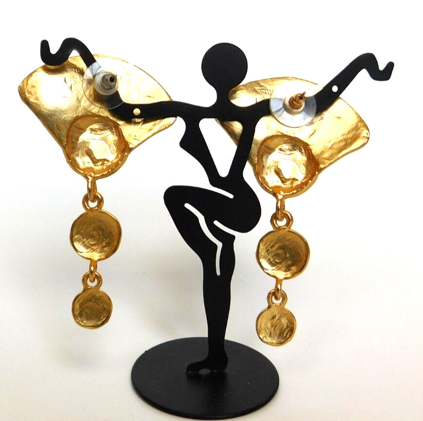 Vintage 1980’s Matte Gold Fan Linking Dangle Pierced Earrings Rhinestone