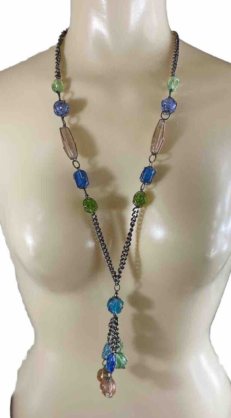 VTG Wire Wrapped Cage Glass Bead Silver Tone Necklace Pastels Pink Green Blue