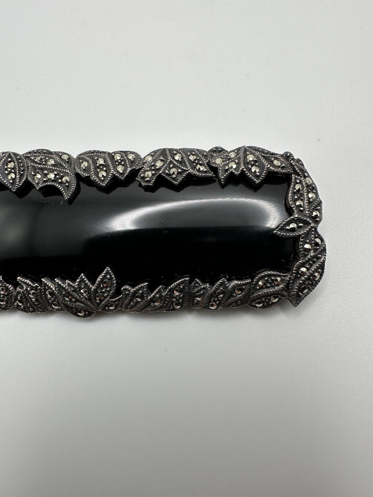 Huge Vintage Sterling Silver Onyx Marcasite Laurel Leaf Brooch 7.5cm BB1