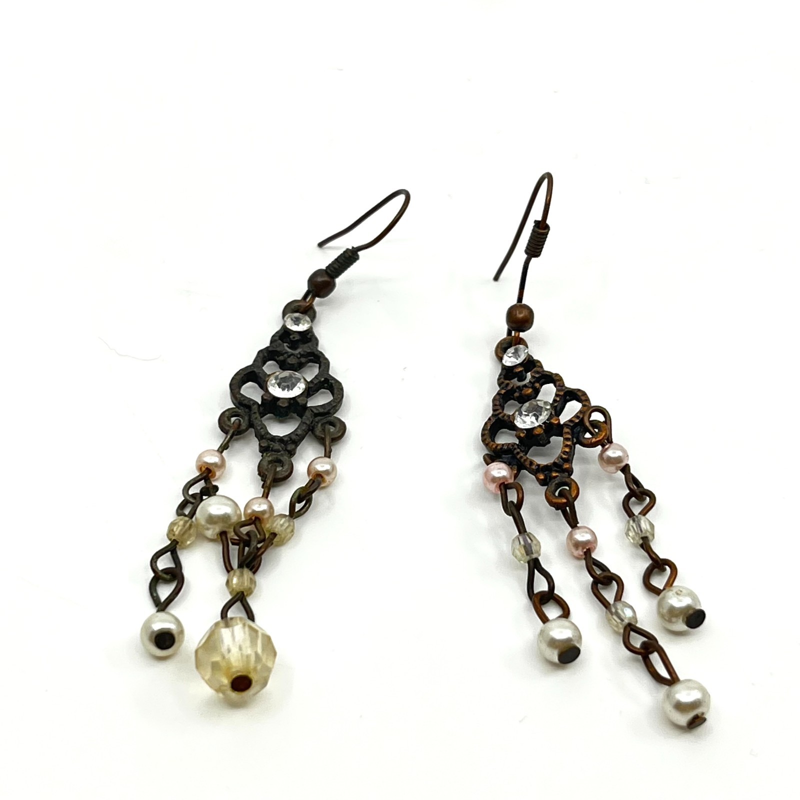 Vintage Antique Bronze Tone Chandelier Earrings Faux Pearl Rhinestone Dangle Y2K