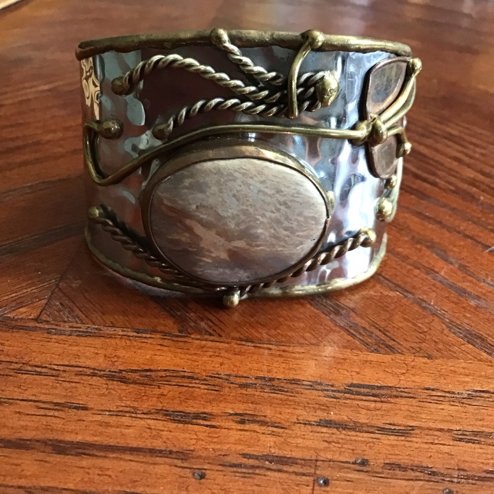 One Of A Kind Modernist Brutalist Mixed Metal W/Agate Cuff Bracelet