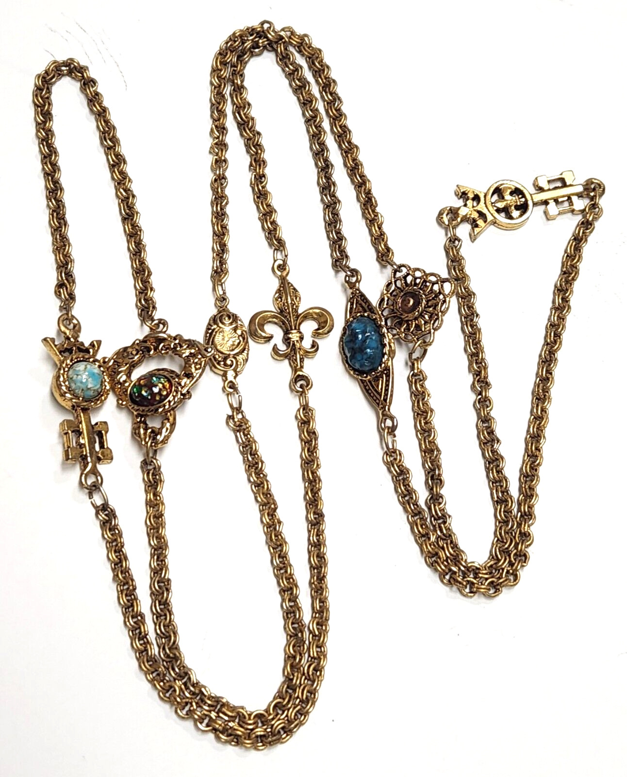 Vintage Unsigned Goldette Fluer de Lis, Faux Gemstone. Key Station Necklace 54″