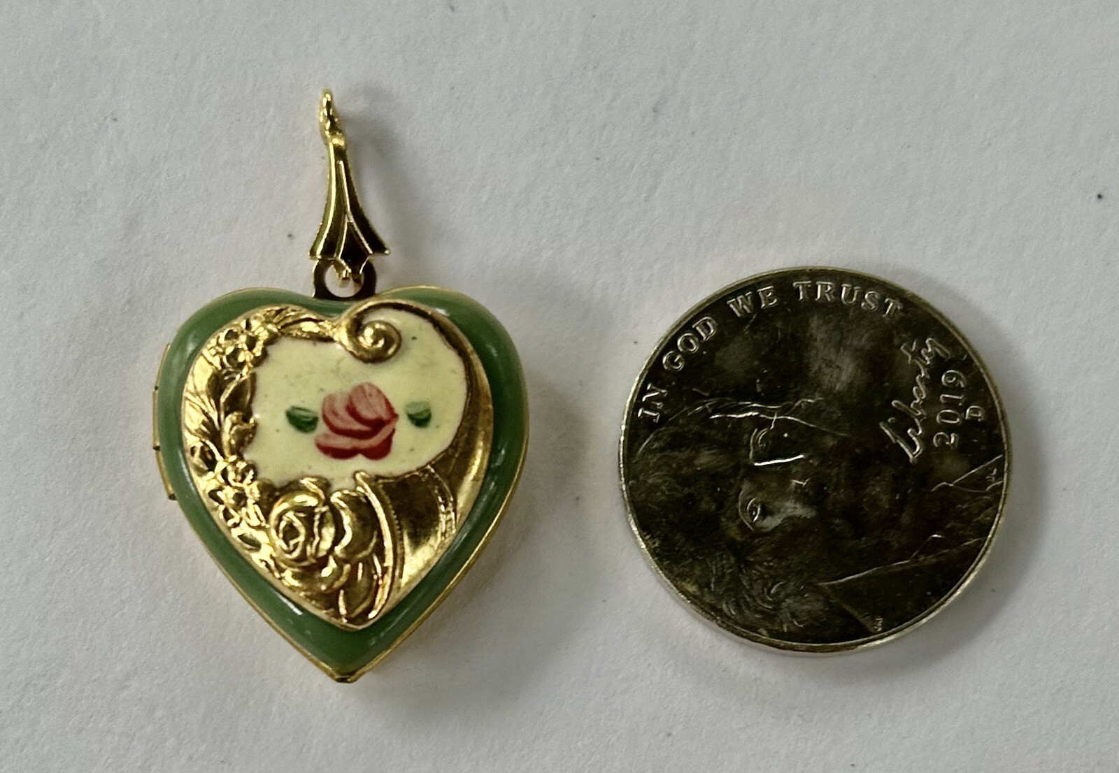 2 Vintage Enamel Heart Locket, Cornucopia, Floral 14k Gold Plated, Hand painted