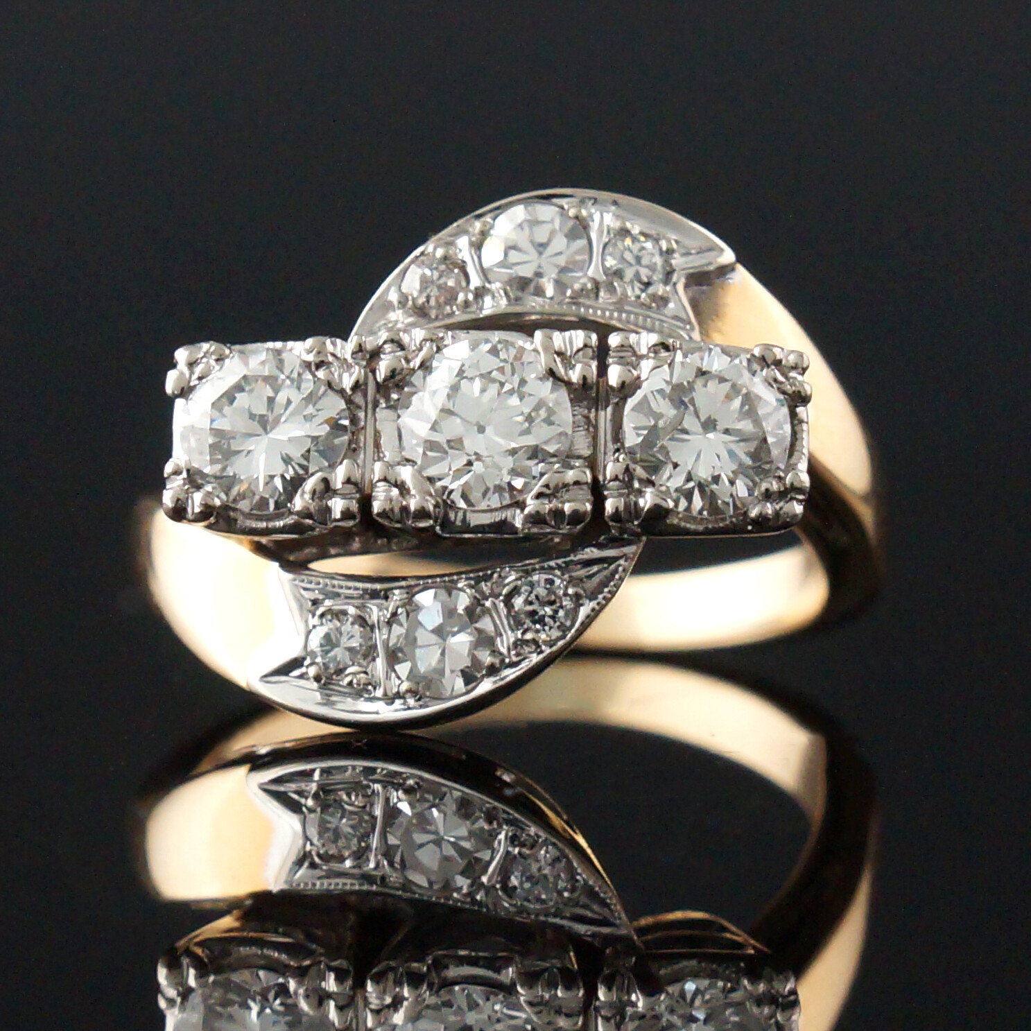 Retro Deco Solid 14K & Platinum, 1.15 Ctw Diamond Wedding Band, Anniversary Ring