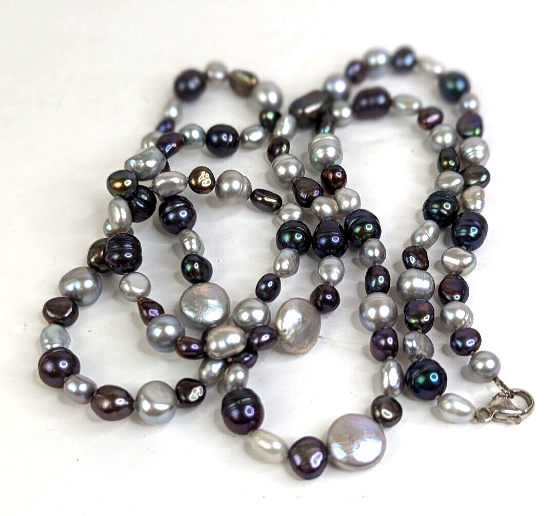 Genuine Baroque Pearl Black Peacock Luster and Silver Gray Necklace 36″ Stunning
