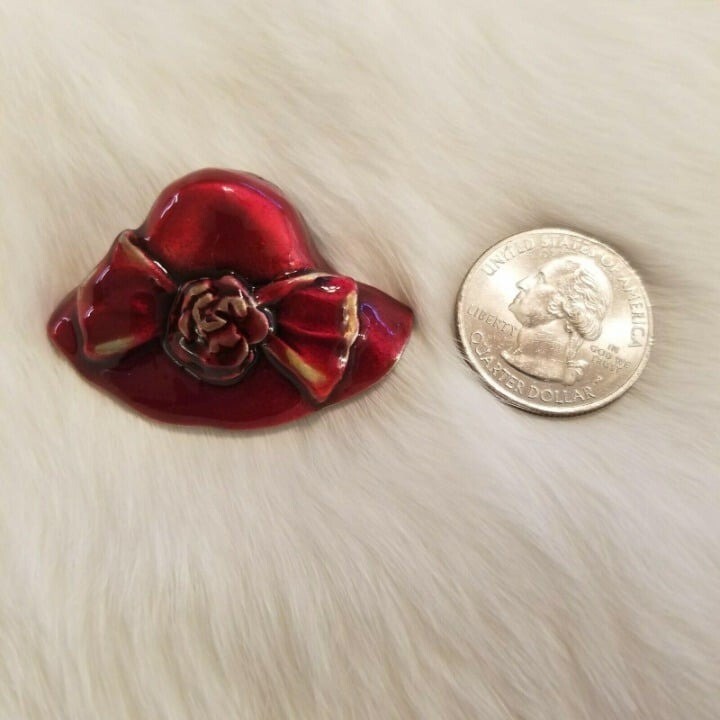 Vintage Camco Red Hat Brooch Pewter Enamel Art Deco Bow Flower Victorian 2196