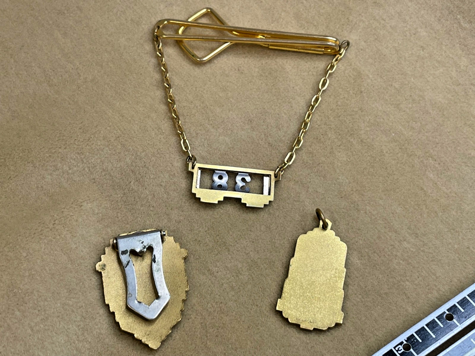 Suite of 3 Art Deco High School ’38 Swank? Tie Clip Lapel Pin “B” Balfour Charm