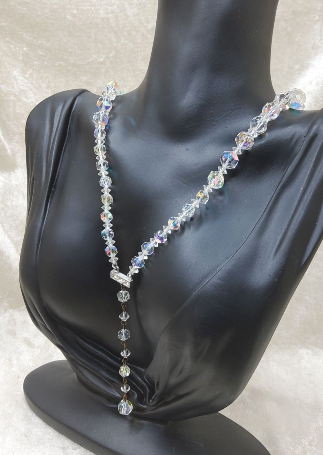 Vintage Crystal Acrylic Aurora Borealis Beaded Y Necklace With Elegant Drop
