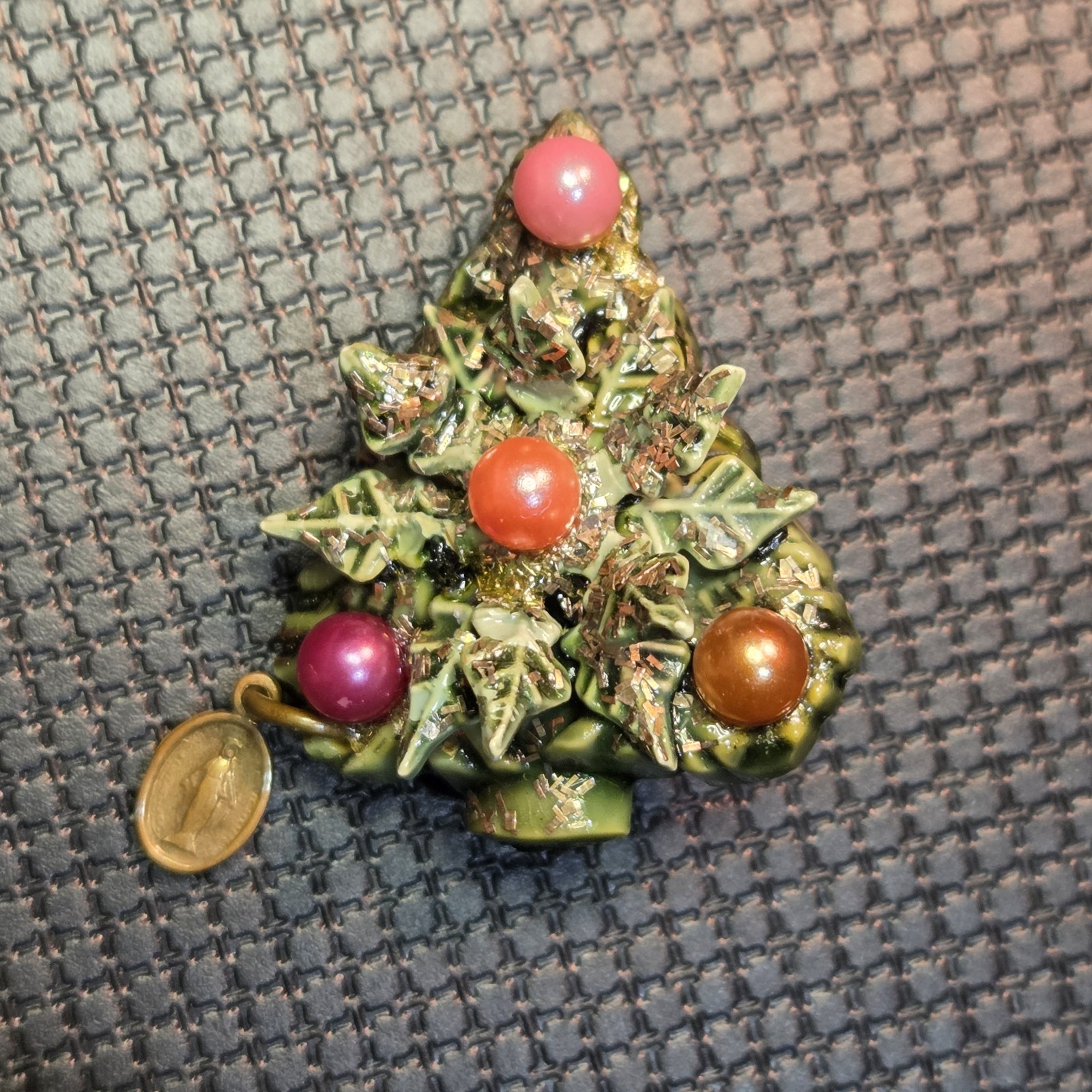 Vintage Christmas Tree Brooch w/ Dangling Micro Devotional Virgin Mary Catholic