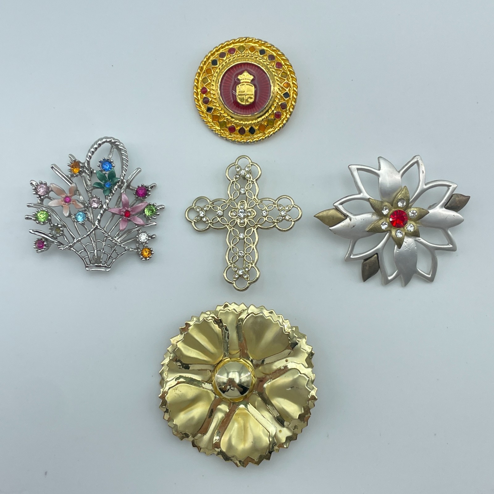 LIZ CLAIBORNE Brooch Pin Lot Rhinestone Cross Flower Gold Silver 1.5x2in