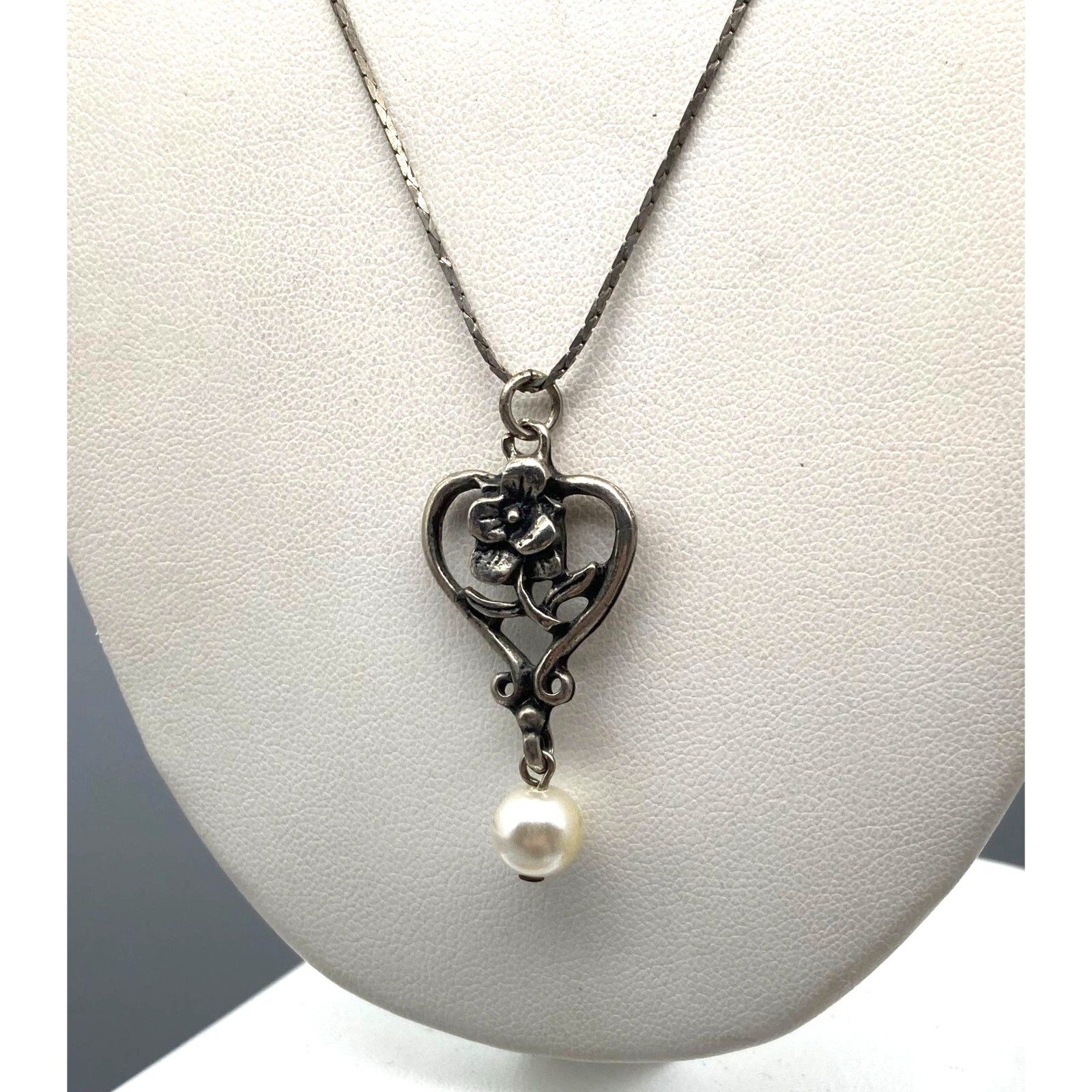 Vintage Hearts and Flowers Pendant with Pearl Drop on Delicate Silver Tone Chain
