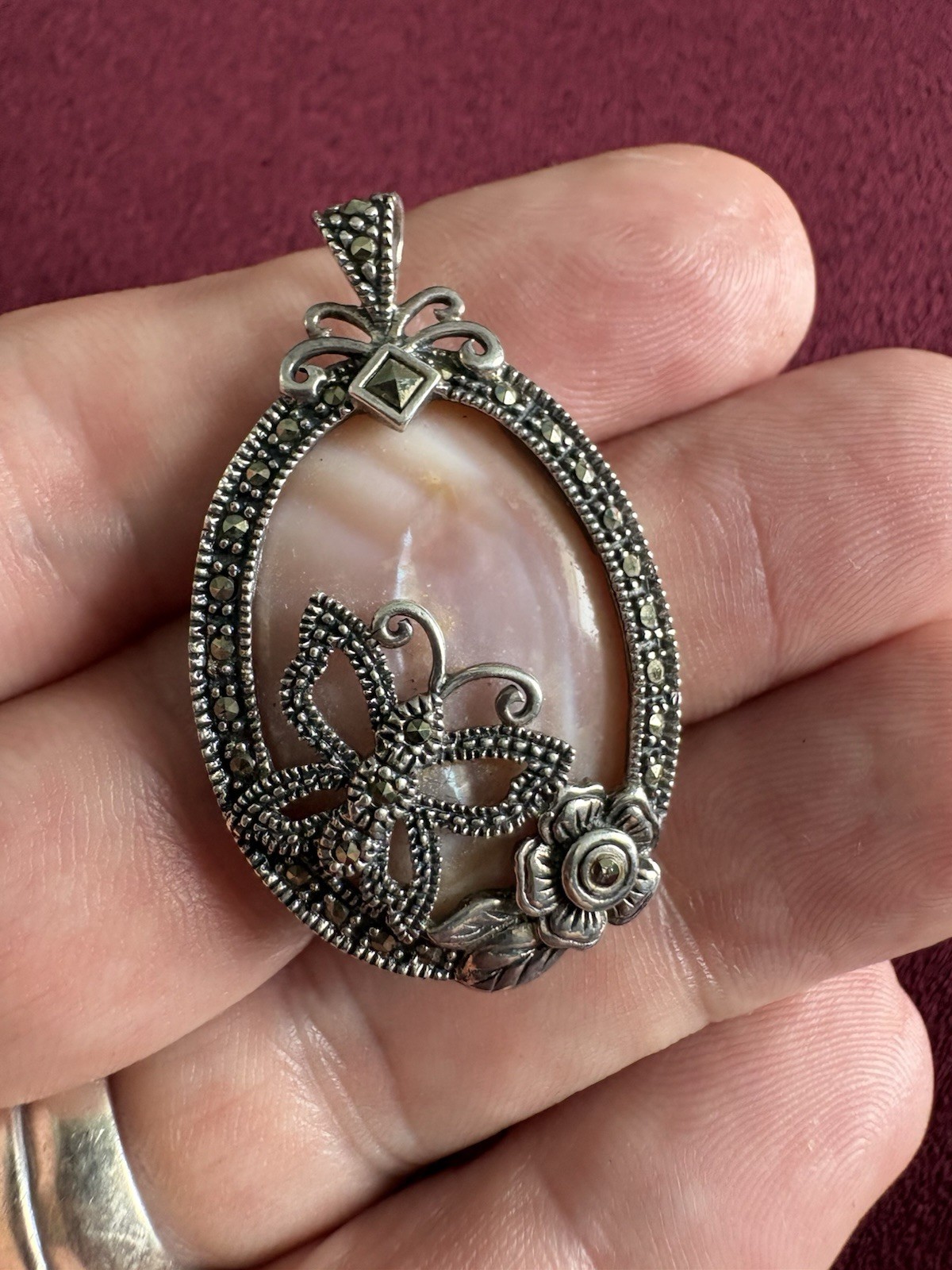925 Sterling Silver Marcasite Mother of Pearl Butterfly Pendant Vintage
