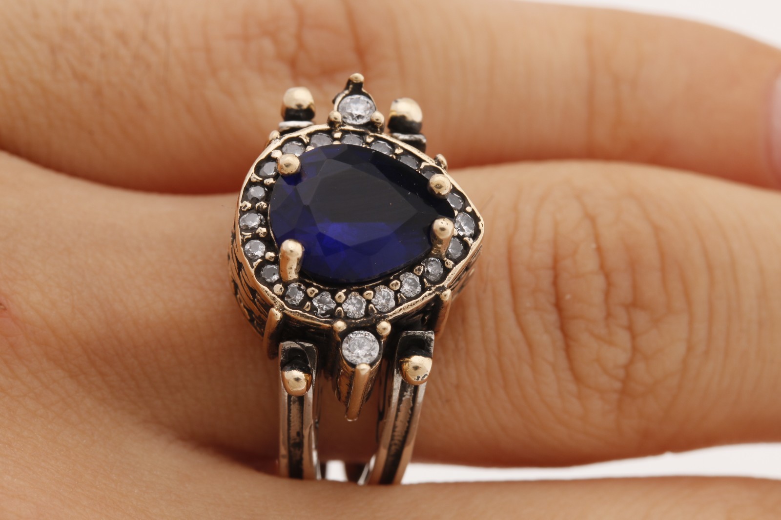 Turkish Reversible Drop Cut Emerald and Sapphire Topaz 925 Sterling Silver Ring