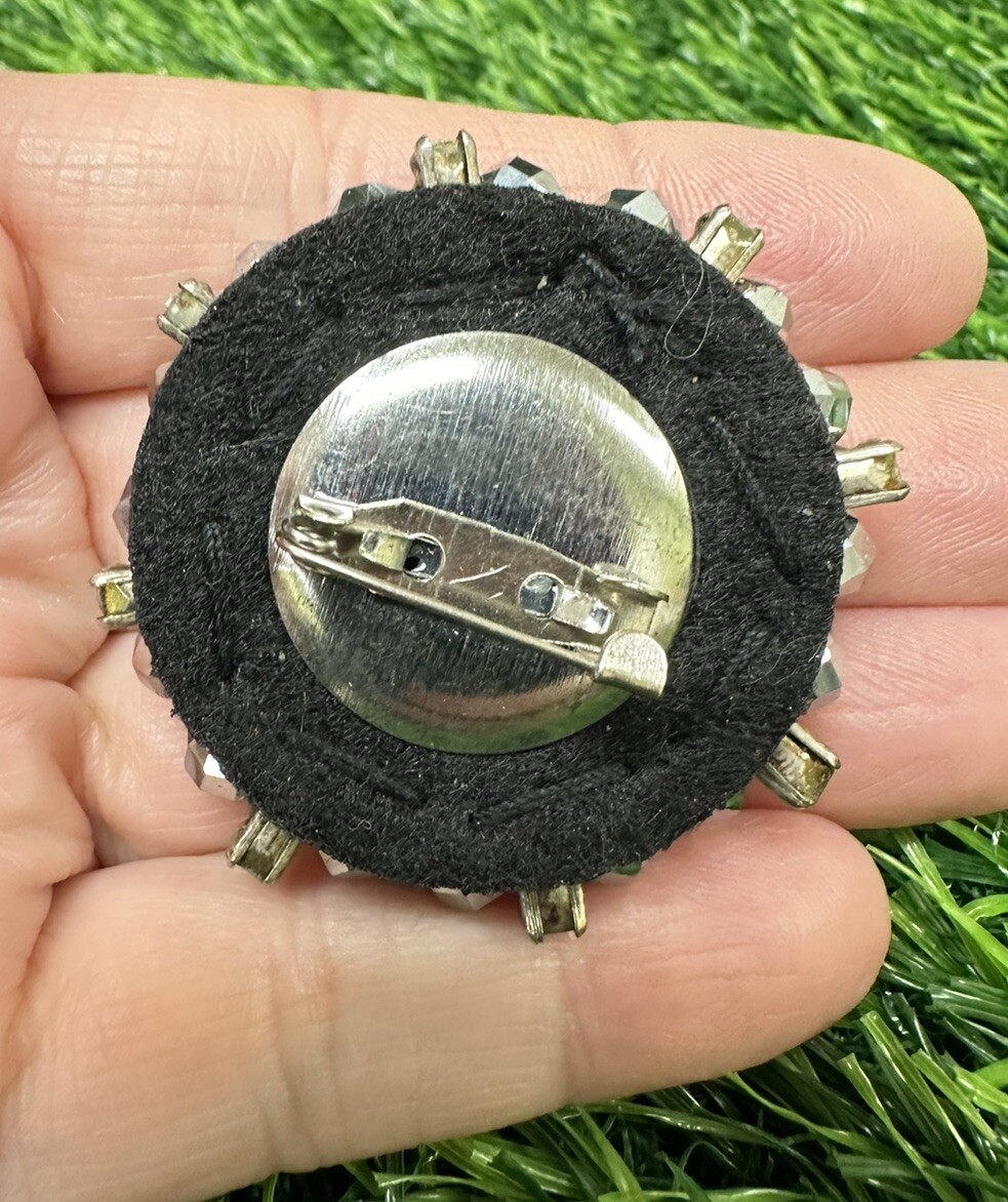 Vintage Handmade Silver & Gray Faceted Beads & Rhinestones Flower Brooch Pin