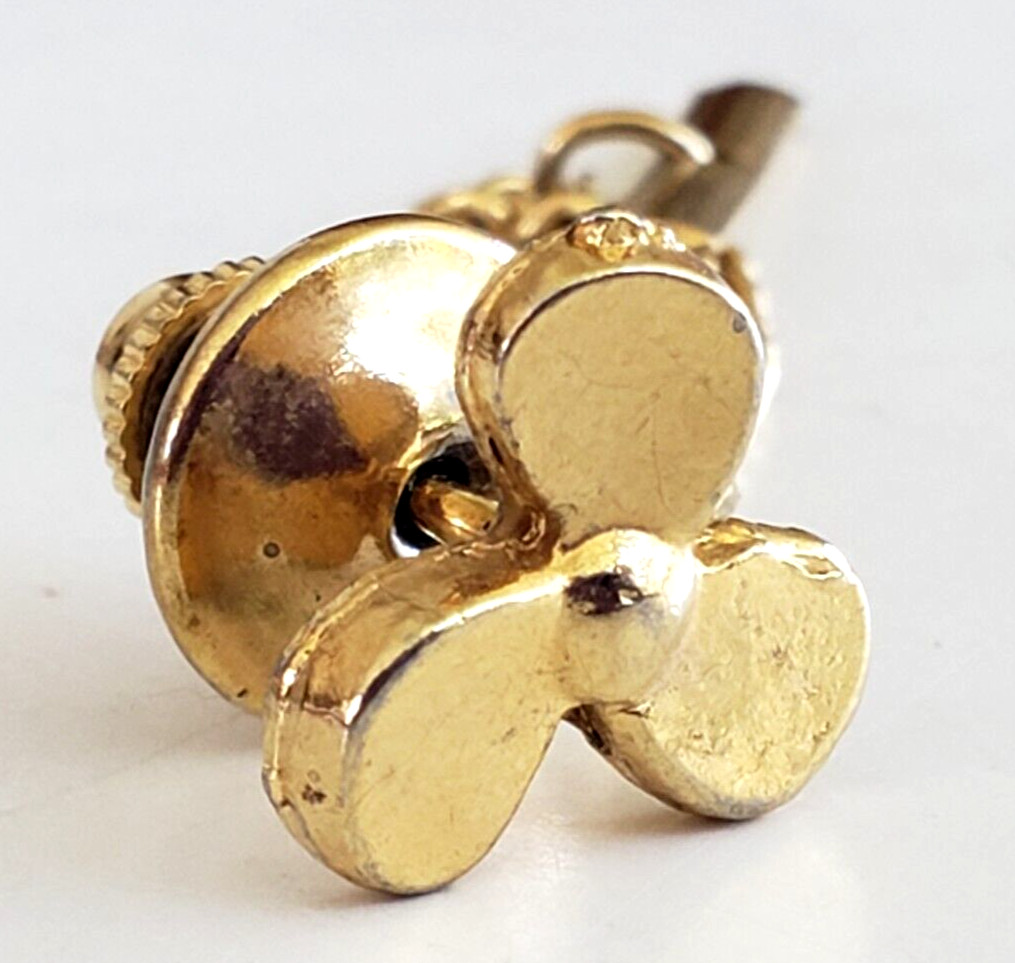 Vintage 3 Propeller Blade Fan Gold Tone Lapel Tie Pin 7/16″ w/ Safety Chain