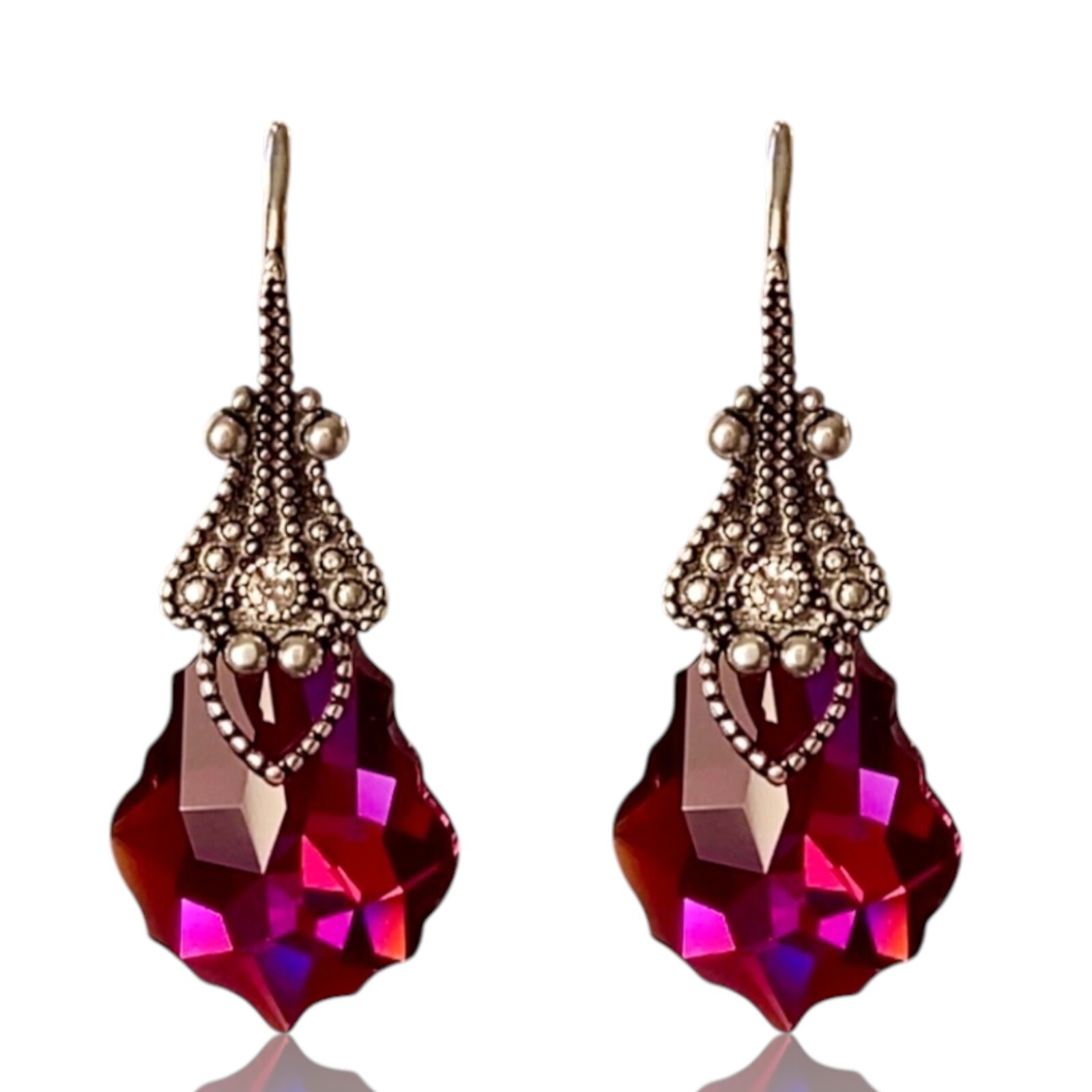Austrian Crystal Red Iridescent Vintage Victorian Dangle Earrings for Woman